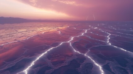 Vast Salt Flat Under Purple Pink Stormy Sky with Lightning Bolts Natural Landscape