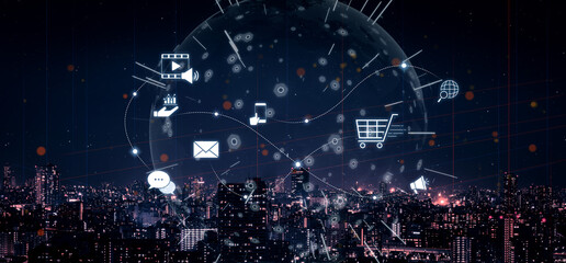 Omnichannel marketing journey showing interaction across media, email, messaging, mobile,...