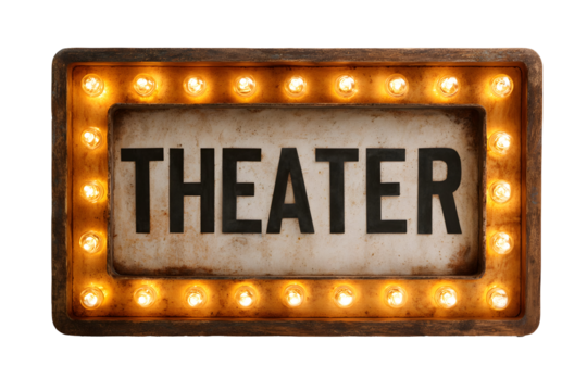 Illuminated vintage theater sign with glowing bulbs