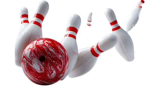 Dynamic bowling strike: red and white ball knock down pins in action