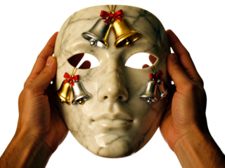 White venetian mask adorned with bells and ribbons held by hands isolated on transparent background