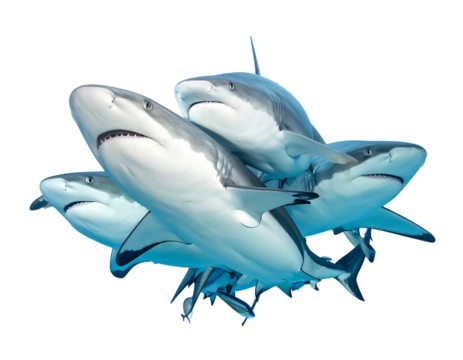 A cluster of sharks swimming upwards with open mouths, against a dark background