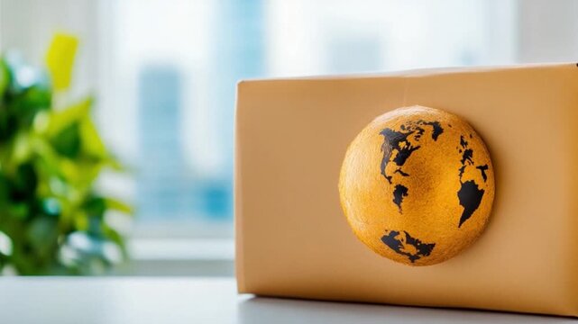 Global Delivery: A simple package adorned with a globe emblem, poised to embark on a journey, symbolizing global commerce. It captures the essence of international trade, logistics.