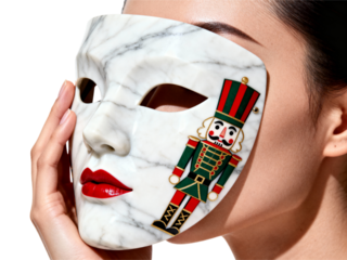 Woman holding a white marble like mask with a nutcracker figure and red lips isolated on transparent background