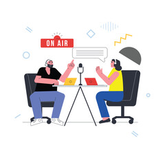 Illustrated people doing a podcast