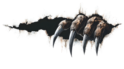 Animal claw shredding through white paper with sharp nails and fur detail