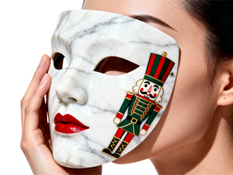 Woman holding a white marble like mask with a nutcracker figure and red lips isolated on transparent background