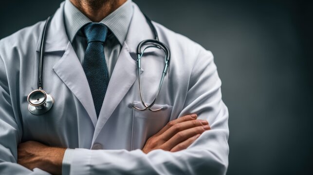 medical professional shoulders-up wearing white coat and stethoscope, neutral seamless background, soft key light, premium editorial
