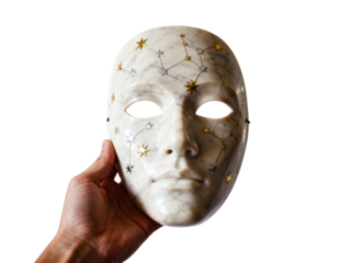 Hand holding a textured white theatrical mask with dark eye sockets isolated on transparent background