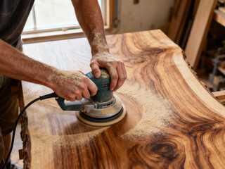 Top down view of masculine hands smoothly moving orbital sander over wooden tabletop with beautiful grain pattern with fine dust layer in soft workshop light.