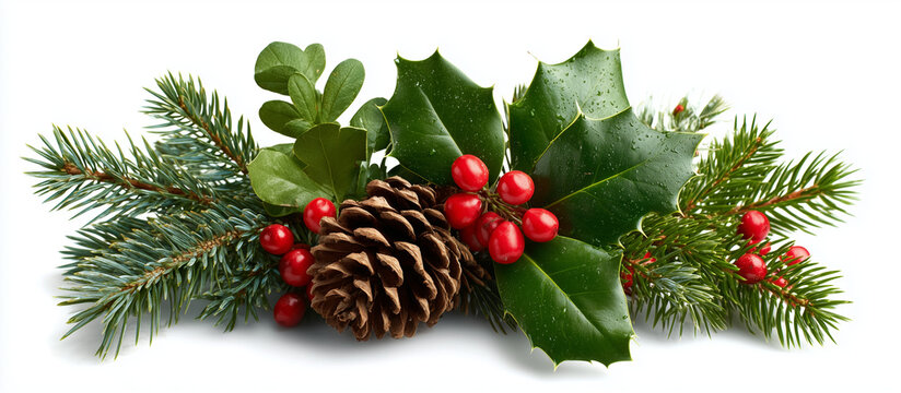 Christmas pine branches, holly leaves, red berries, and pinecone on white background — festive decorative arrangement for winter holiday design, greeting cards, and seasonal banners
