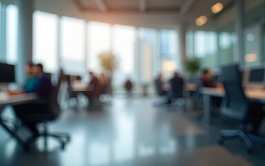 Blur background of modern office environment with multiple workstations and large windows Corporate interior photography Professional workplace concept Design for corporate workplace S : Generative AI