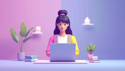 3D illustration of a young woman working on a laptop at a desk in a modern office
