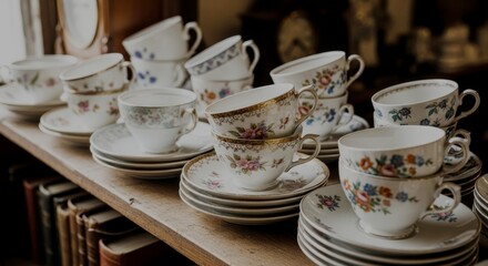 porcelain teacups and dishes on table