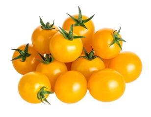 A cluster of yellow cherry tomatoes with attached green stems isolated on a black background in a pyramidal arrangement