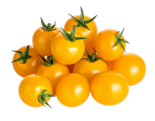 A cluster of yellow cherry tomatoes with attached green stems isolated on a black background in a pyramidal arrangement