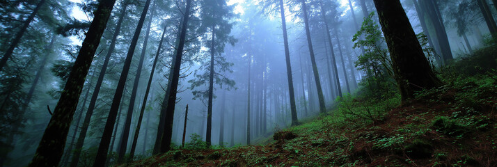 A tranquil misty forest scene with towering trees and lush underbrush. The ethereal atmosphere evokes a sense of peace and connection to nature in a beautiful wilderness setting.