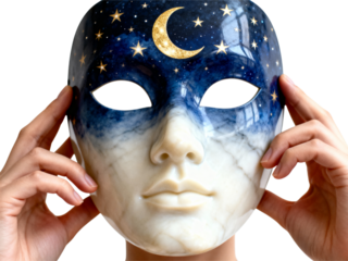 Mysterious celestial mask with moon and stars held by hands isolated on transparent background