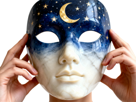 Mysterious celestial mask with moon and stars held by hands isolated on transparent background - Powered by Adobe