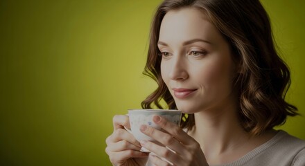 young lady feeling a tea in front of a green screen