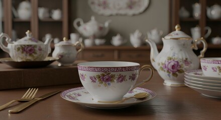 porcelain cup of tea and dish on table