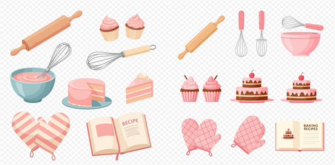 Collection of baking tools and delicious desserts including cakes, cupcakes, and a recipe book, all in a charming pink and pastel color palette.