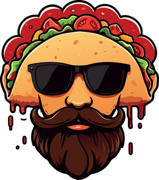 Naklejki Cool Taco Character with Beard and Sunglasses — Funny Mexican Food Mascot Vector Illustration