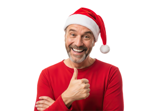 Cheerful Man in Santa Hat Gives Thumbs Up in Festive Red Shirt for Christmas Themed Stock Photo