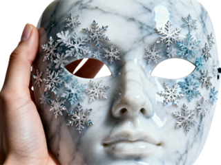 Close up of a white venetian mask adorned with snowflakes held by a hand isolated on transparent background