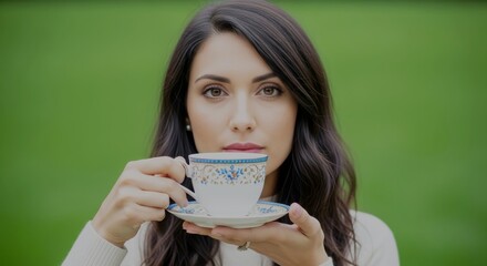 young lady drinking a tea in front of a green screen