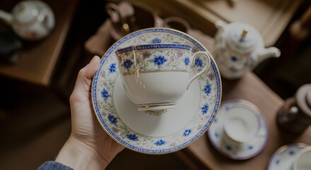 porcelain cup of tea and dish on hand