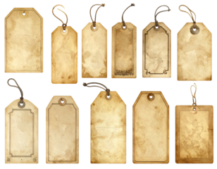 A collection of aged, textured paper tags with string attachments, set against a stark black backdrop for contrast