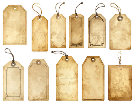 A collection of aged, textured paper tags with string attachments, set against a stark black backdrop for contrast
