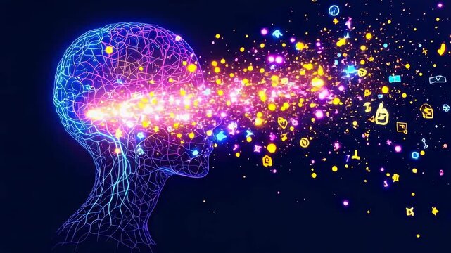 Futuristic abstract artificial intelligence concept, glowing human head processing innovative digital data for creative mind