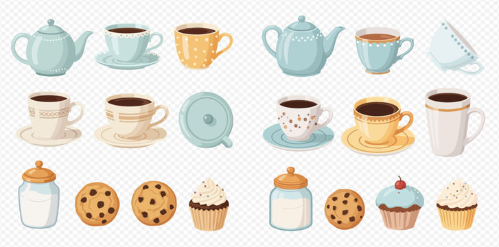 Collection of various tea and coffee cups, teapots, sugar bowls, cookies, and cupcakes on a transparent background.