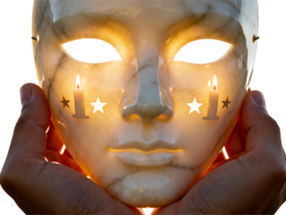 Mysterious white mask with lit candles and stars held by hands isolated on transparent background
