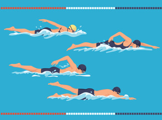 set of Swimmers in various strokes freestyle, breaststroke, butterfly and diving poses in blue pool lanes. Concept for competition, training, or water sports.