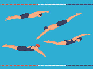 set of Swimmers in various strokes freestyle, breaststroke, butterfly and diving poses in blue pool lanes. Concept for competition, training, or water sports.