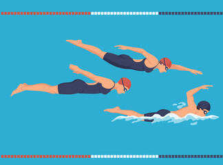 set of Swimmers in various strokes freestyle, breaststroke, butterfly and diving poses in blue pool lanes. Concept for competition, training, or water sports.