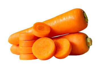 Side view of two fresh orange carrot roots with carrot slices in stack isolated with clipping path in png file format