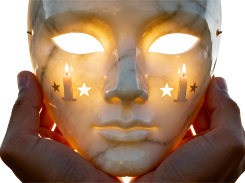 Mysterious white mask with lit candles and stars held by hands isolated on transparent background