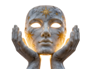 Mysterious ornate mask held by hands with intricate details isolated on transparent background