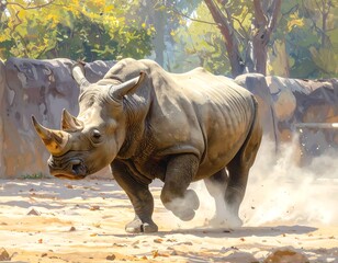 Fototapeta premium A large, grey rhinoceros charges forward in a sunny, outdoor environment, kicking up dust with its powerful strides. Behind it, foliage and rock