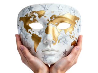 White theatrical mask with gold world map design held by hands isolated on transparent background