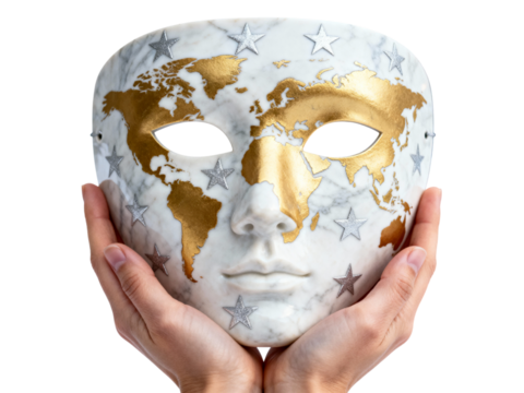 White theatrical mask with gold world map design held by hands isolated on transparent background - Powered by Adobe