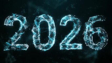 Futuristic glowing digital numbers 2026 floating in dark space with particle effect - Powered by Adobe
