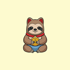 Naklejka premium Cute sloth holding a gold coin, representing wealth and prosperity.