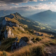 A breathtaking panoramic view of a mountainous landscape, likely part of the European Alps. 