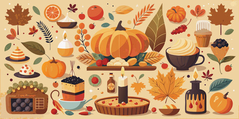 Seamless vector pattern design for a Halloween or autumn background, featuring pumpkins, leaves, and other harvest decorations
