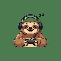 Sleepy sloth gamer wearing headphones playing video games with controller. © salfuddin